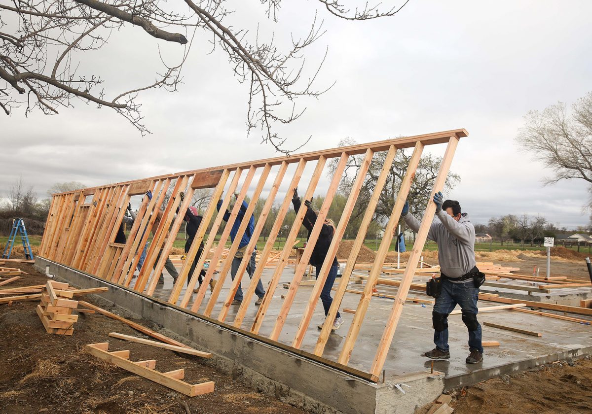 A team of homeowners are on the construction site building their homes. A group stands on one of the home's bare cement foundation as the raise a wall on one of the sides. The wall they are raising is made of two-by-fours. This is the first wall of the home.