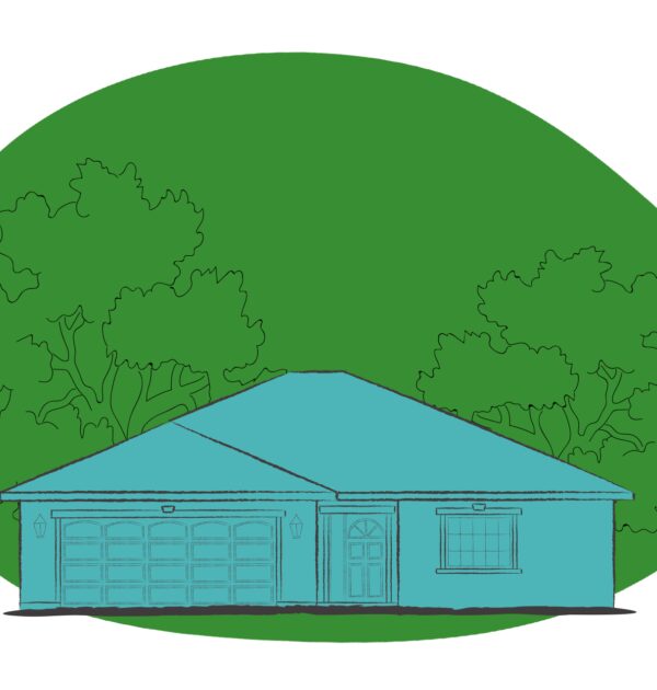 A graphic illustration with a whimsical feel shows a blue house in line art in the foreground. Next, is a green oval with line art trees in the background.